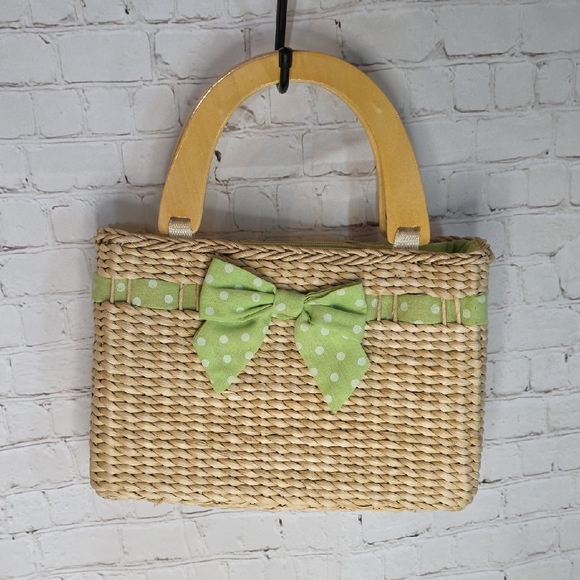 The Unbranded Brand Handbags - Vintage Woven Straw Tote Bag | Wood Handles | Lime Green Bow Coastal Grandma